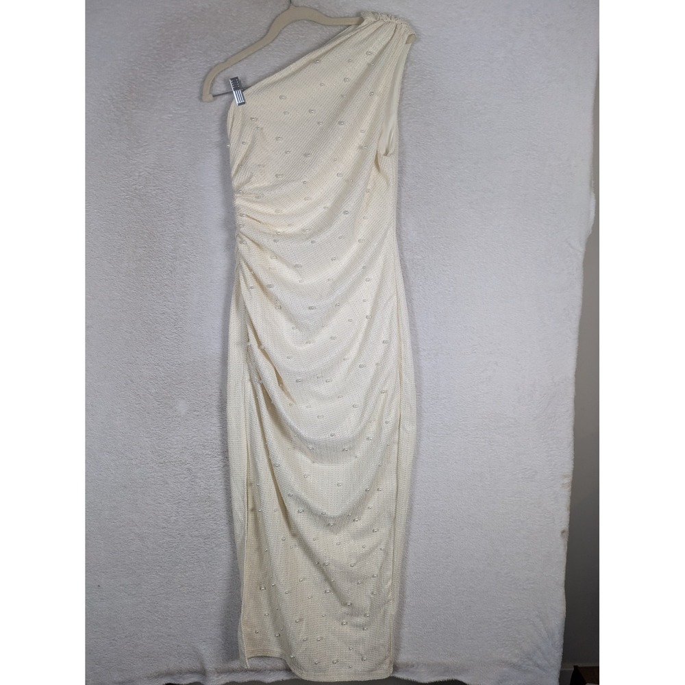 NEW SHEIN BAE One Shoulder Dress Women's L Cream Faux Pearl Metallic Ruched